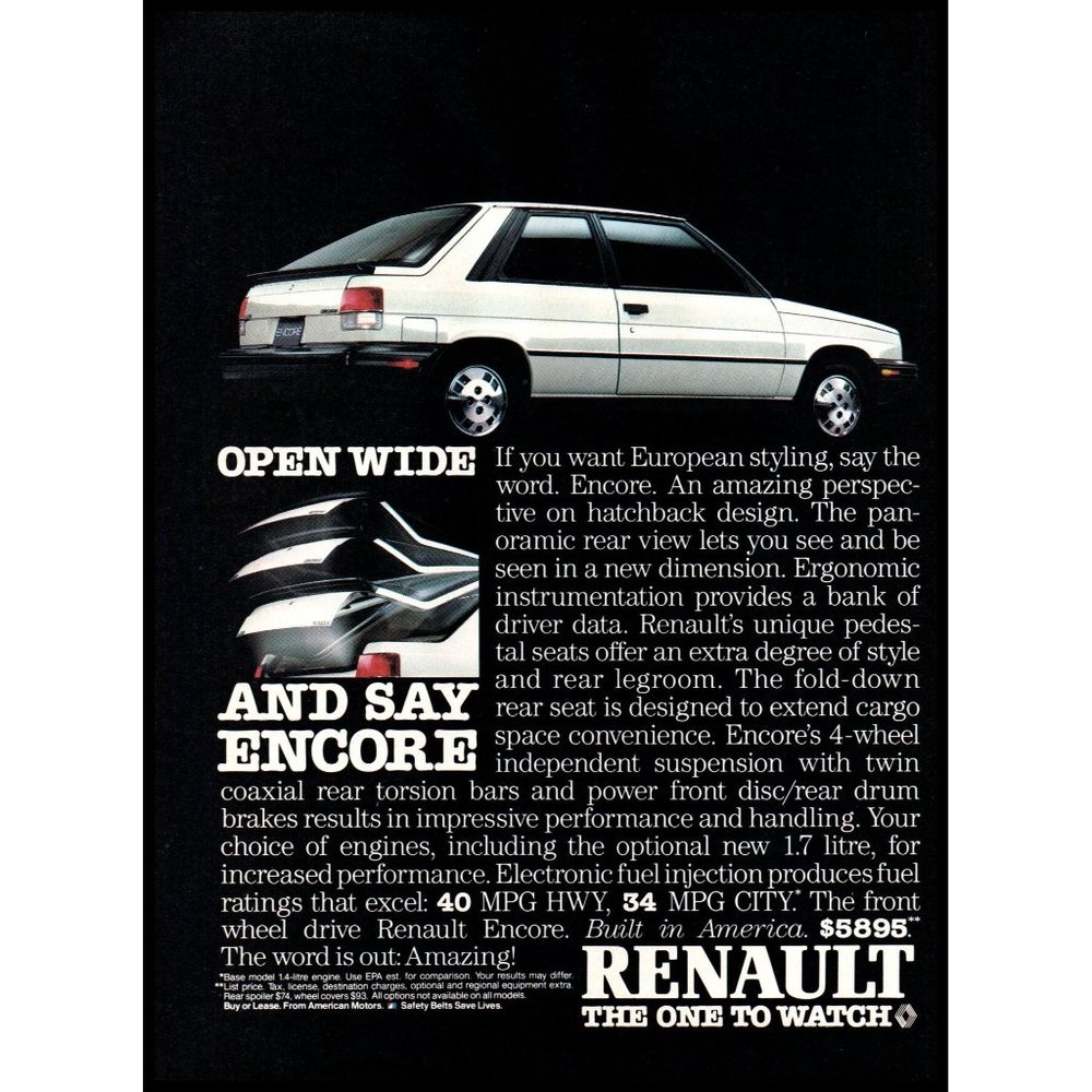 1985 Renault Encore 2 Door Hatchback Compact Car Vintage Print Ad Wall Art